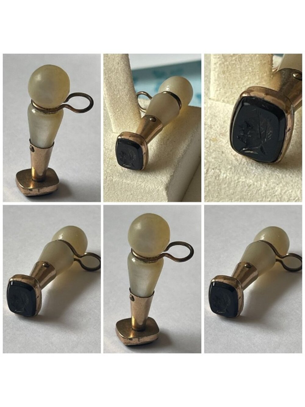 Antique Victorian Mother Of Pearl Intaglio Wax Seal Watch Fob With Gold Metal De